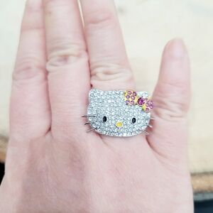 Brand New Hello Kitty Silver Tone Rhinestone Ring Adjustable Size